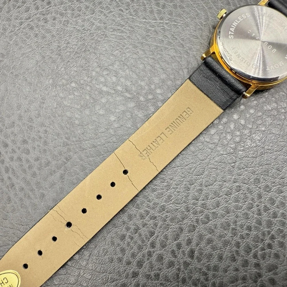 Vintage Disney Services Watch Gold Tone Leather Band 2000 Y2K NEW BATTERY WORKS‎